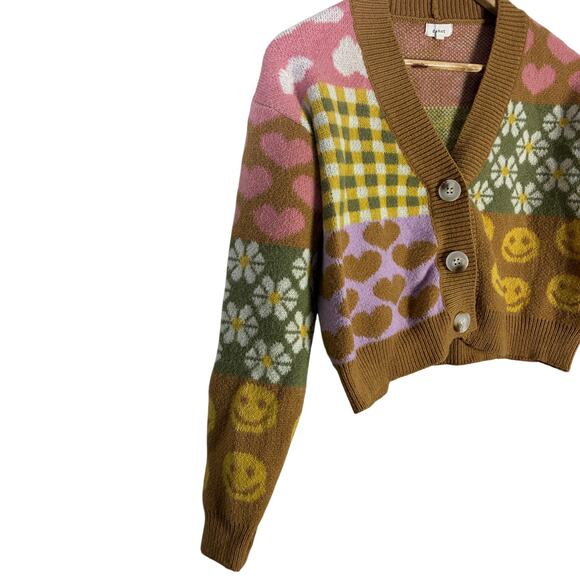 Debut Quirky Patchwork Cropped Cardigan Womens XS Brown Pink Retro Indie Whimsy - Picture 5 of 9